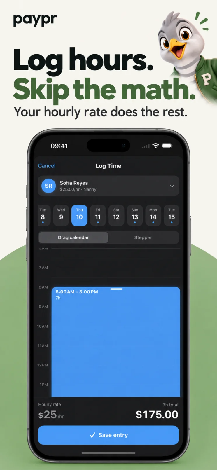 Log seven hours at $25 per hour for $175 in Paypr