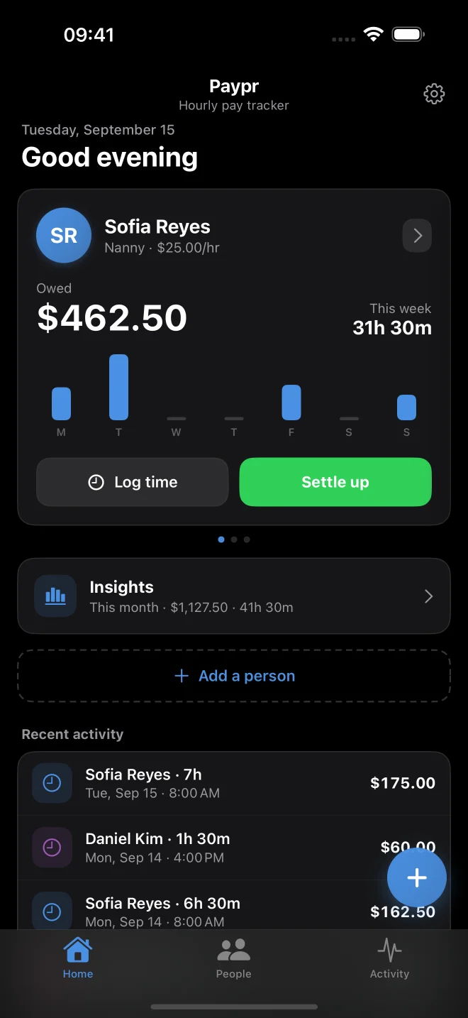 Current Paypr home screen showing Sofia’s balance and recent activity