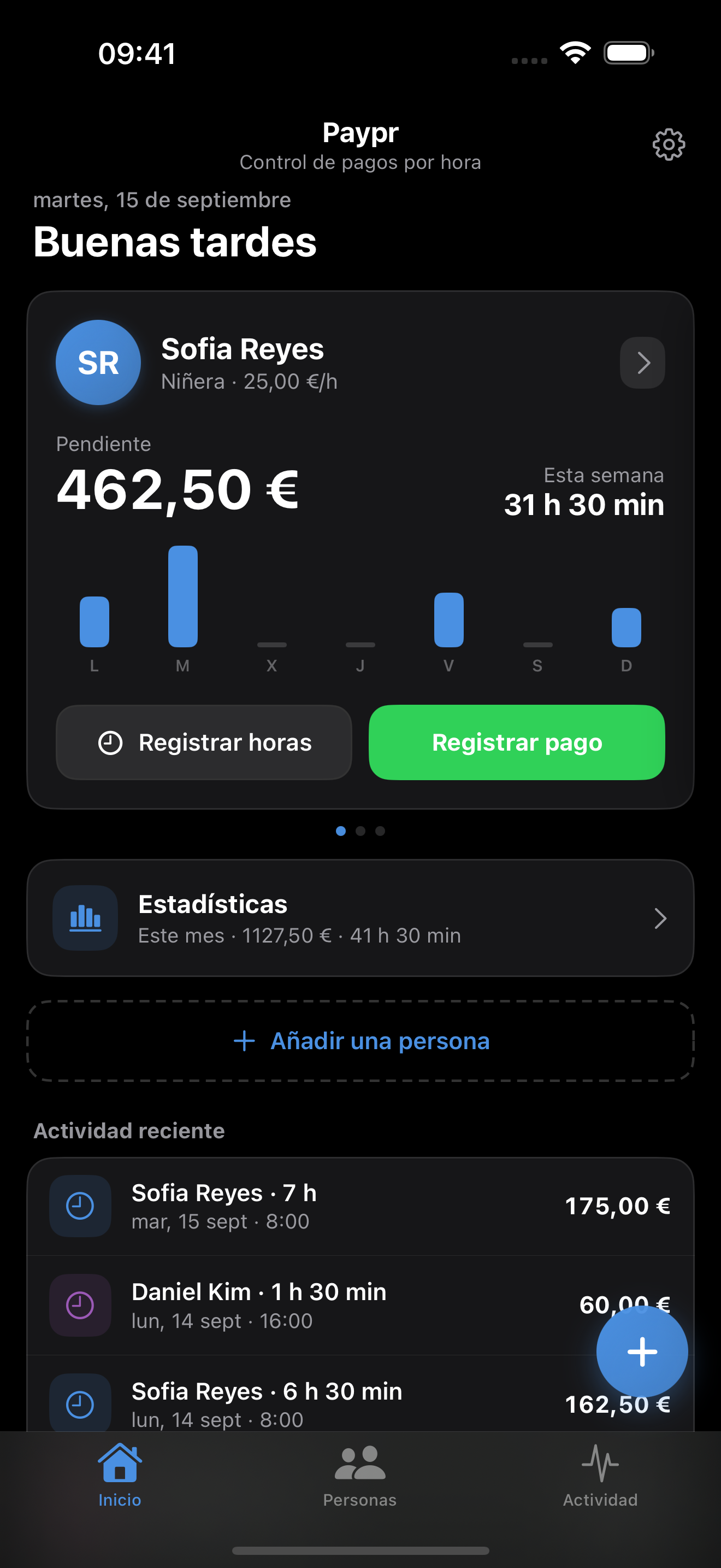 Paypr en español: horas registradas y saldo pendiente. Ejemplo ficticio en EUR.
