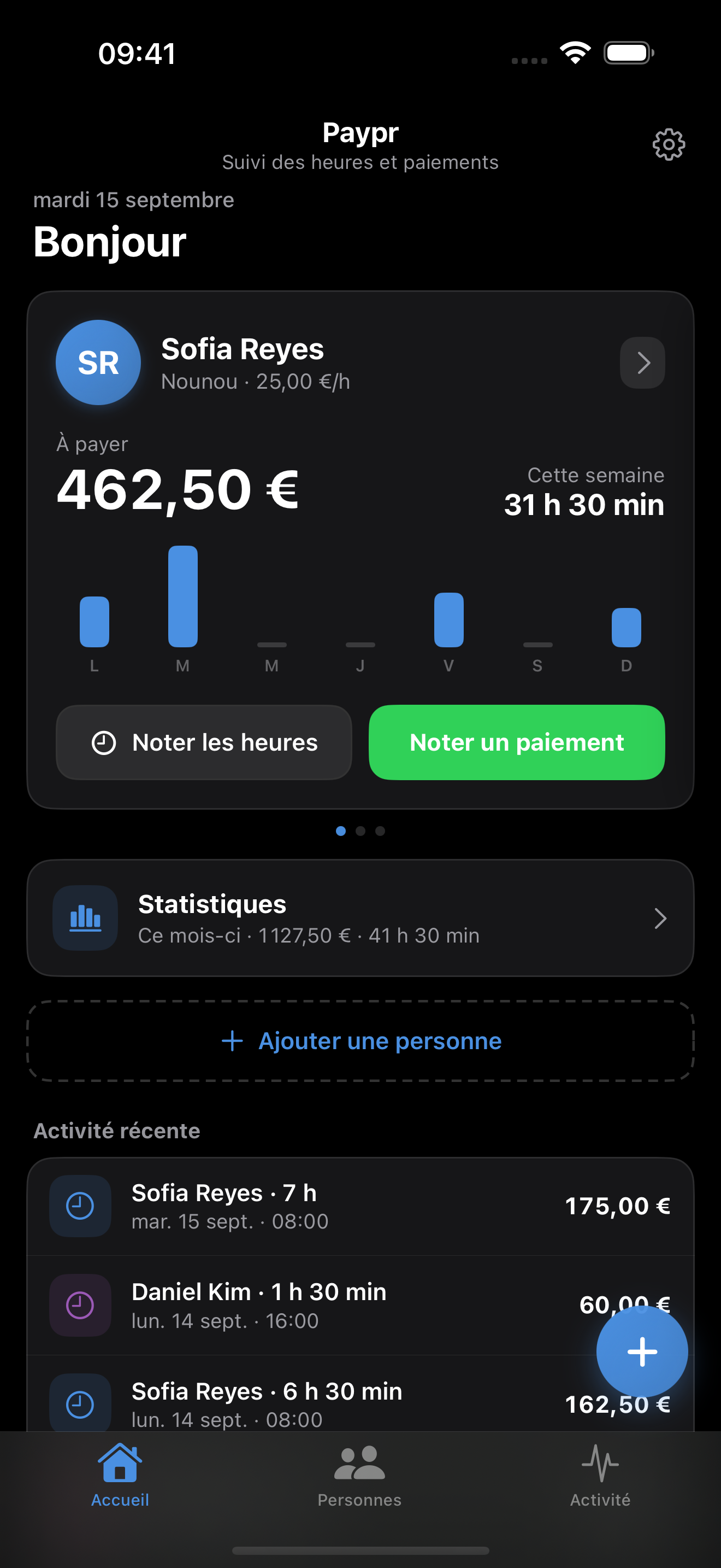 Paypr en français : heures enregistrées et solde restant à payer. Exemple fictif en EUR.
