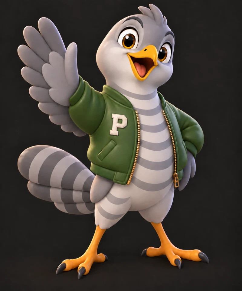 Paypr’s friendly bird mascot in a moss green jacket