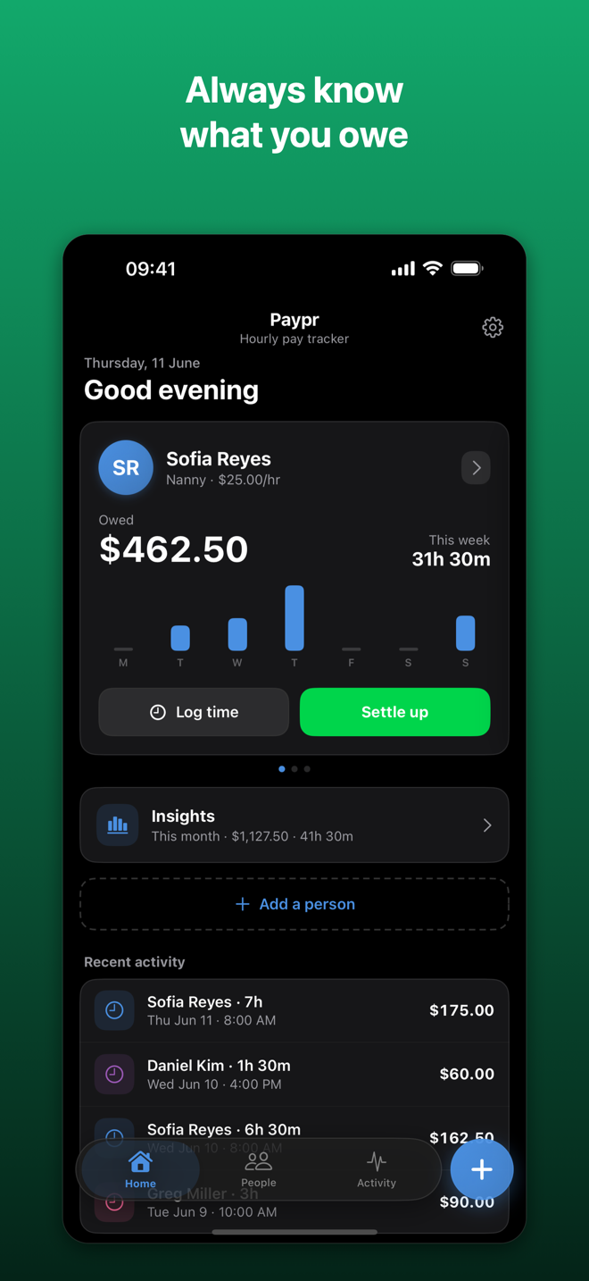Paypr home screen showing who you owe and weekly hours