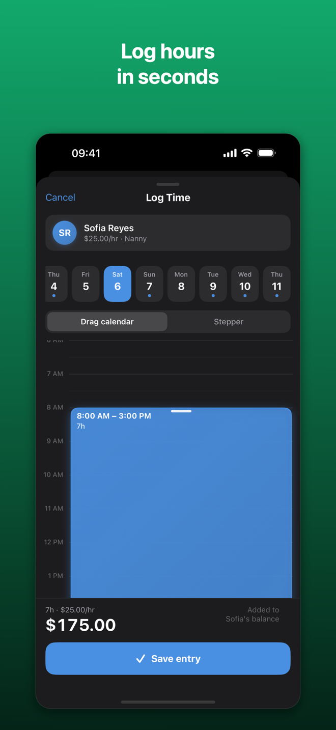 Logging a nanny's hours worked in Paypr